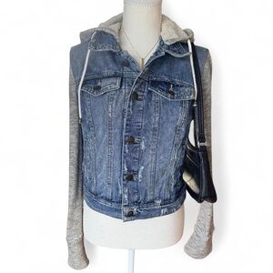 Free People Blue Denim Jacket with Gray Sleeves